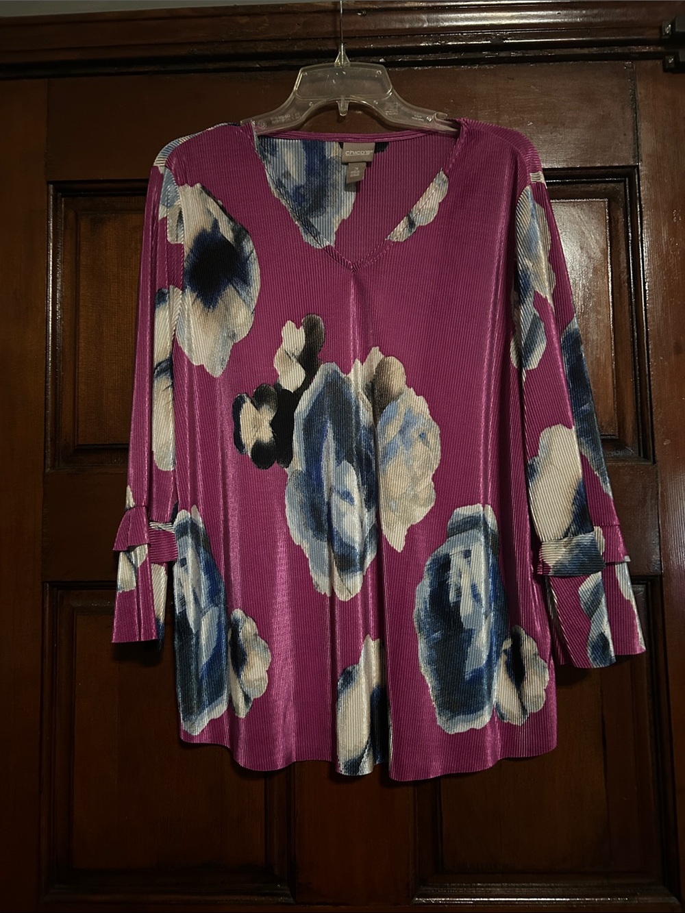 Chico's Fuchsia Floral V-Neck Tunic with Blue and Cream Blooms